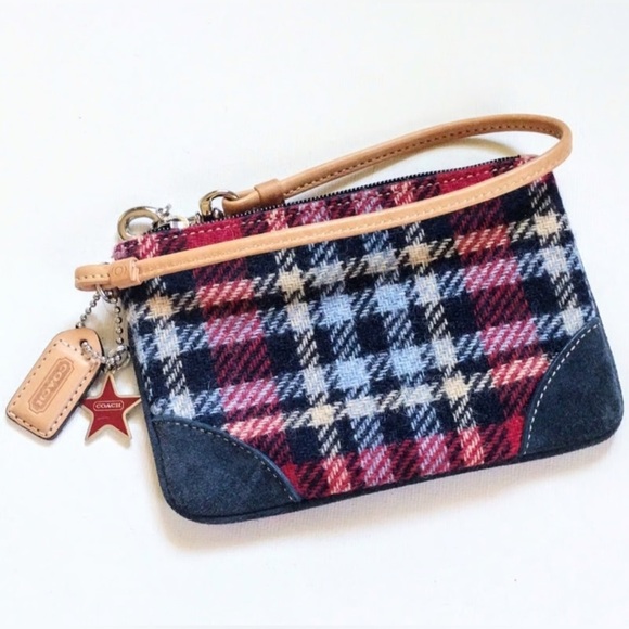 Coach Tartan Wool Plaid Zip Closure Wristlet Pouch in Red, Blue with Star Charm - Picture 1 of 9